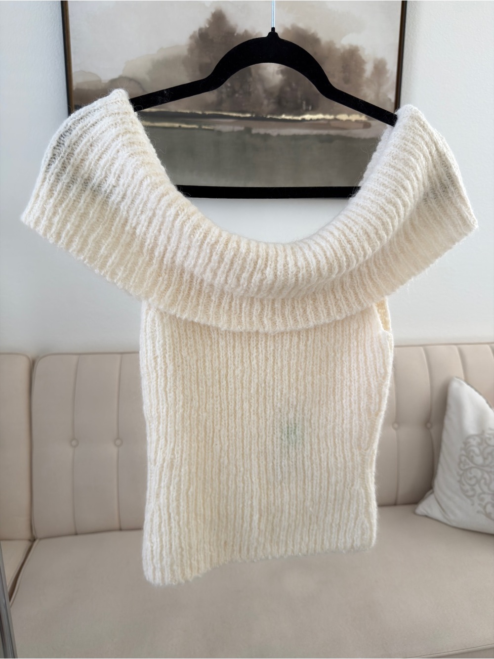 Reformation Cream Off-the-Shoulder Ribbed Knit Sweater